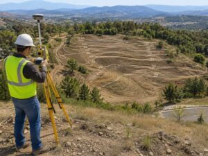Licensed land surveyor performing a topographic survey on sloped terrain to collect site elevation data for landscape design, grading, and drainage planning.