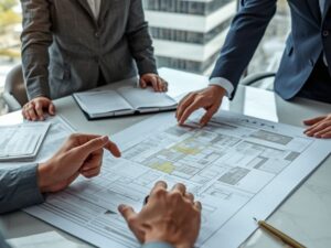 Group of professionals in suits reviewing an architectural floor plan on a conference table.