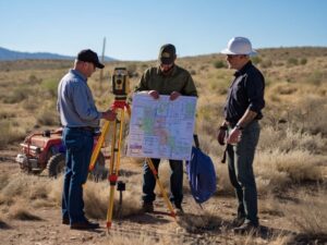 Land surveyors reviewing property boundary lines on a rural Pahrump Nevada parcel using survey equipment and boundary maps