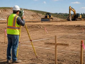  Construction surveyor checking layout stakes and elevations before grading begins
