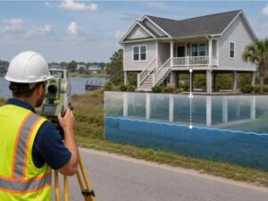 Elevation certificate before buying in a flood zone showing a licensed surveyor measuring a home's elevation to compare the lowest floor with the base flood elevation. 