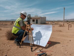 Land surveyor reviewing site plans and property conditions before a development project in Pahrump Nevada