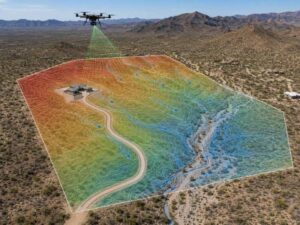  Lidar mapping for desert lots with drainage concerns showing a drone scanning desert terrain to identify washes, slopes, and stormwater flow paths. 