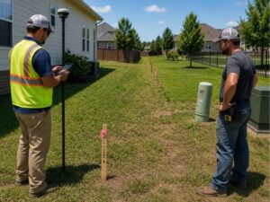 Licensed surveyor completing a boundary survey before placing a new fence along a residential property line. 