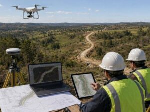  Drone survey data for rural access road design showing engineers reviewing topographic maps and aerial terrain data to plan a rural road alignment.
