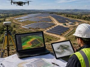  Drone surveyor mapping for solar site layouts showing aerial terrain mapping, panel row planning, and topographic data used for solar farm design.
