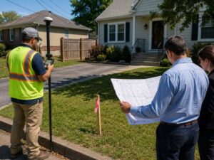Licensed surveyor completing a mortgage survey to identify property issues that could delay a real estate closing.
