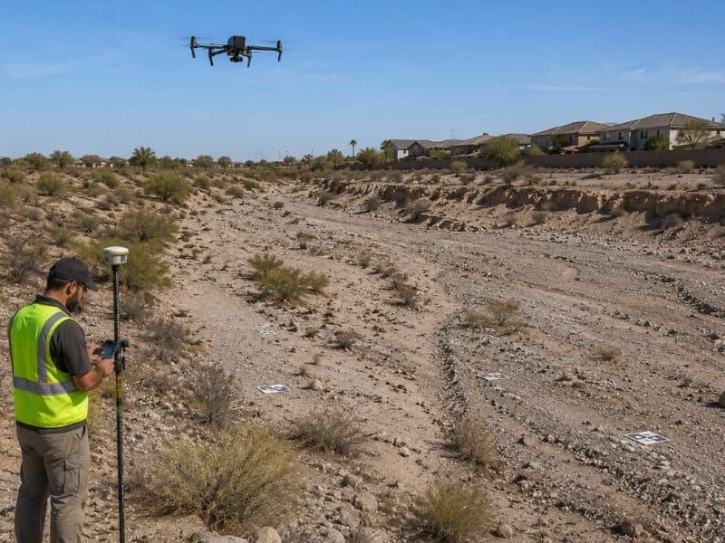 Unmanned aerial system survey of a desert wash in Pahrump, NV with a surveyor, GCP markers, and drone for drainage mapping and site planning.