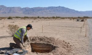 Technician inspecting soil during a percolation test for a rural home site in Pahrump, Nevada