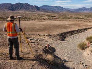 Elevation survey for an alluvial fan building pad site design in Pahrump NV showing desert terrain, grading conditions, and construction planning considerations