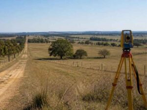 Surveying equipment overlooking a large rural property with fence lines and a dirt road near Pahrump, Nevada.